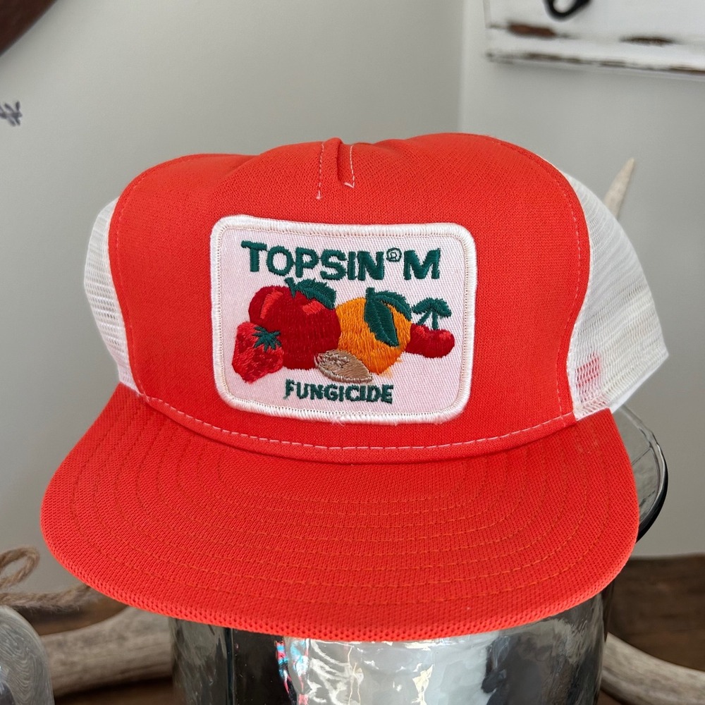 Vintage Topsin M Fungicide Embroidered Patch Orange White Mesh Trucker Hat Cap L